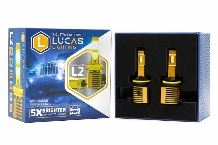 Lucas Lighting L2 LED headlight bulb pair, pictured outside the package