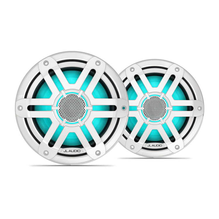 JL Audio M200 7.7-inch marine speakers with LED and white sport grille