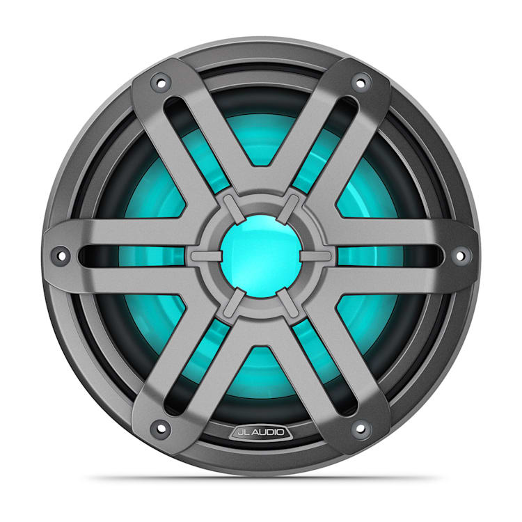 JL Audio M200 10-inch marine subwoofer with LED and gray sport grille